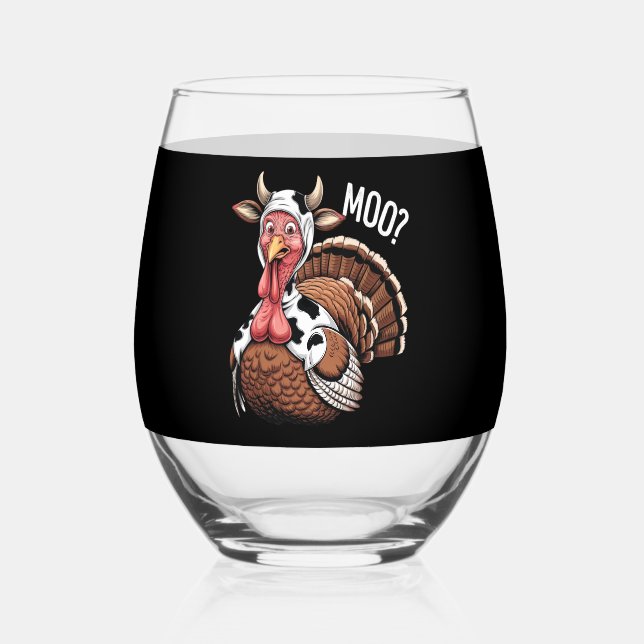 Turkey Moo Funny Thanksgiving  Stemless Wine Glass (Front)