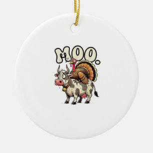 Turkey Moo Riding Cow Funny Thanksgiving Ceramic Ornament