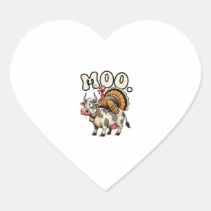 Turkey Moo Riding Cow Funny Thanksgiving Heart Sticker