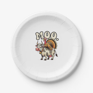 Turkey Moo Riding Cow Funny Thanksgiving Paper Plate