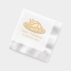 Turkey on Platter Happy Thanksgiving Family Name Foil Napkins