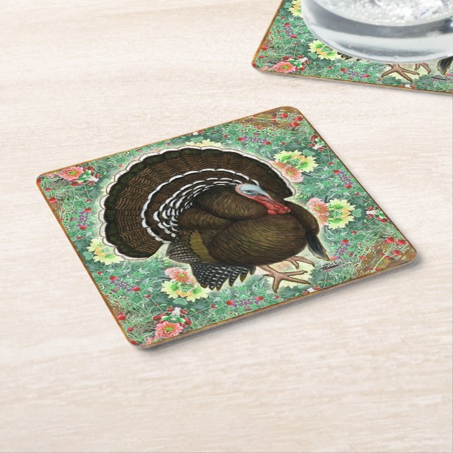 Turkey On the Greens Square Paper Coaster (Angled)