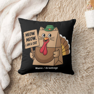 Turkey Paper Bag Meow Funny Thanksgiving Cat Cushion
