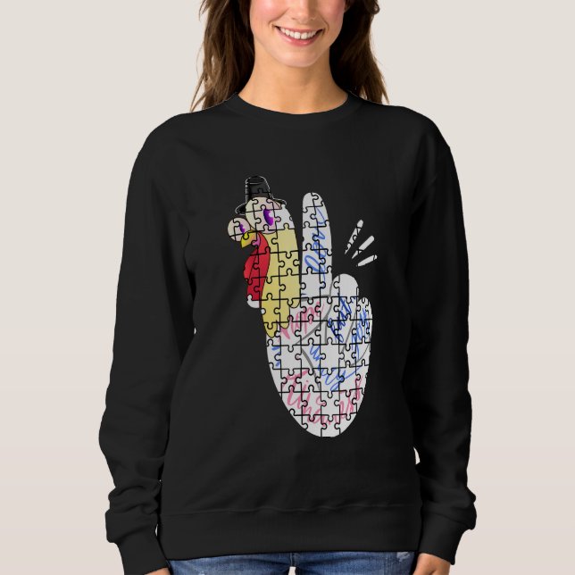 Turkey Peace Hand Sign Puzzle Autism Thanksgiving  Sweatshirt (Front)