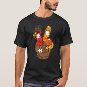 Turkey Peace Hand Sign Puzzle Autism Thanksgiving T-Shirt