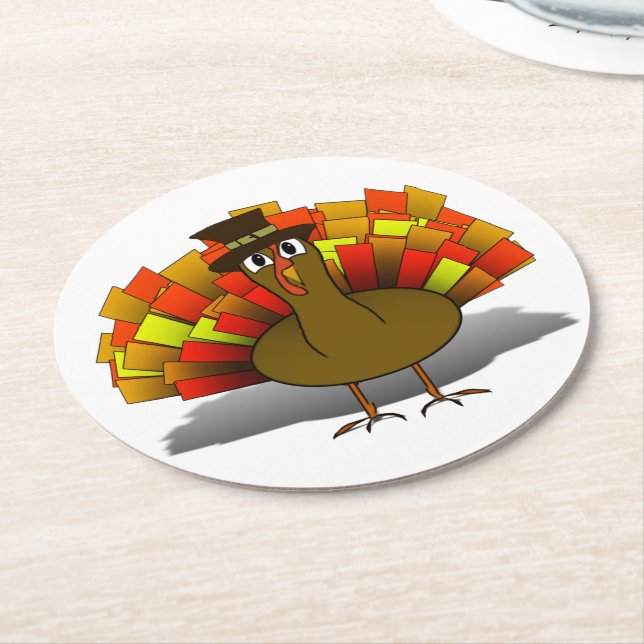 Turkey Pilgrim Thanksgiving Round Paper Coaster (Angled)