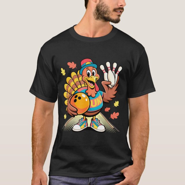 Turkey Playing Bowling Thanksgiving Turkey Tail Bo T-Shirt (Front)