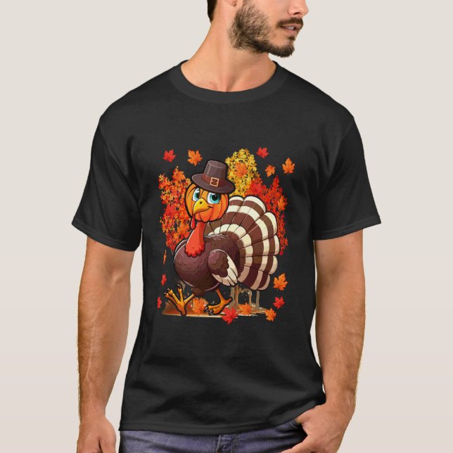 Turkey Pumpkin Face Thanksgiving Fall Tree Funny P T-Shirt (Front)