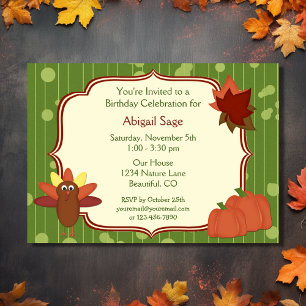 Turkey, Pumpkins and Leaves Birthday Invitation