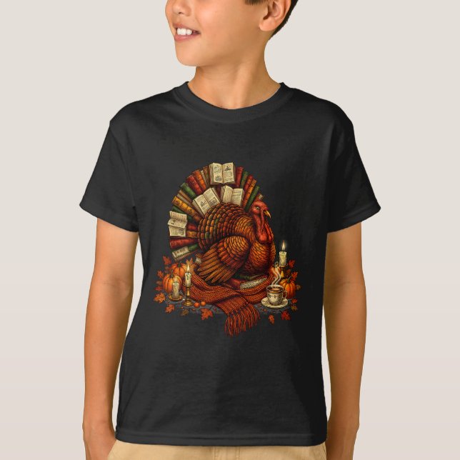 Turkey Reading Books Fall Season Thanksgiving Teac T-Shirt (Front)