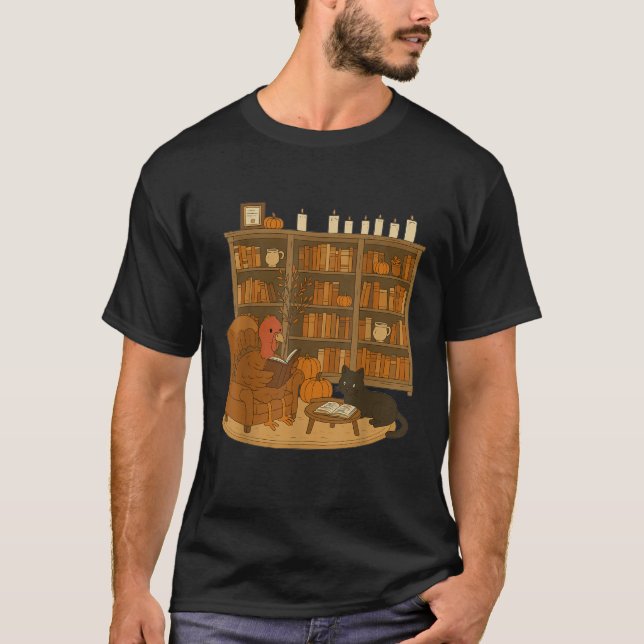Turkey Reading Books Fall Thanksgiving Teacher Boo T-Shirt (Front)