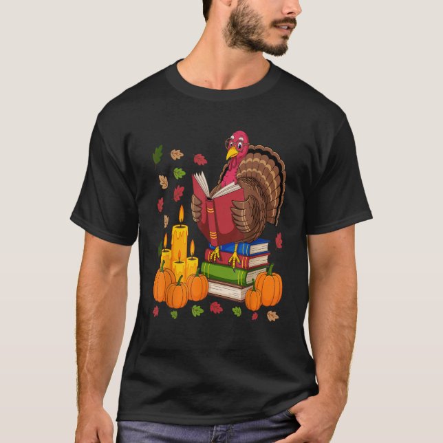 Turkey Reading Books Fall Thanksgiving Teacher Boo T-Shirt (Front)