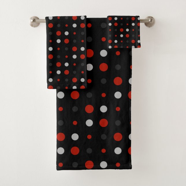 turkey red, black, grey and white dots bath towel set (Insitu)