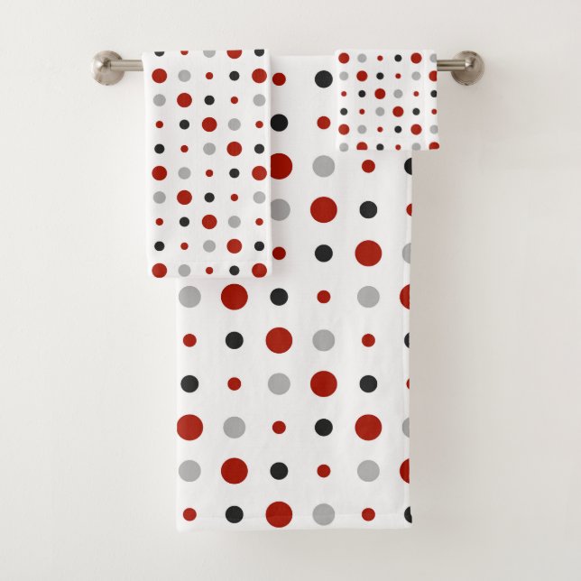 turkey red, black, grey and white dots bath towel set (Insitu)