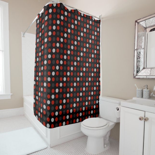 turkey red, black, grey and white dots shower curtain (In Situ)