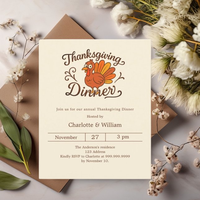 Turkey retro cream Thanksgiving Dinner invitation (Creator Uploaded)