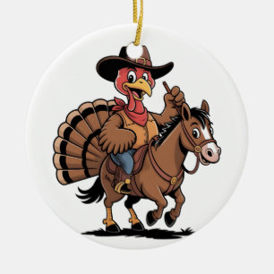 Turkey Riding a Horse Cowboy Turkey thanksgiving Ceramic Ornament