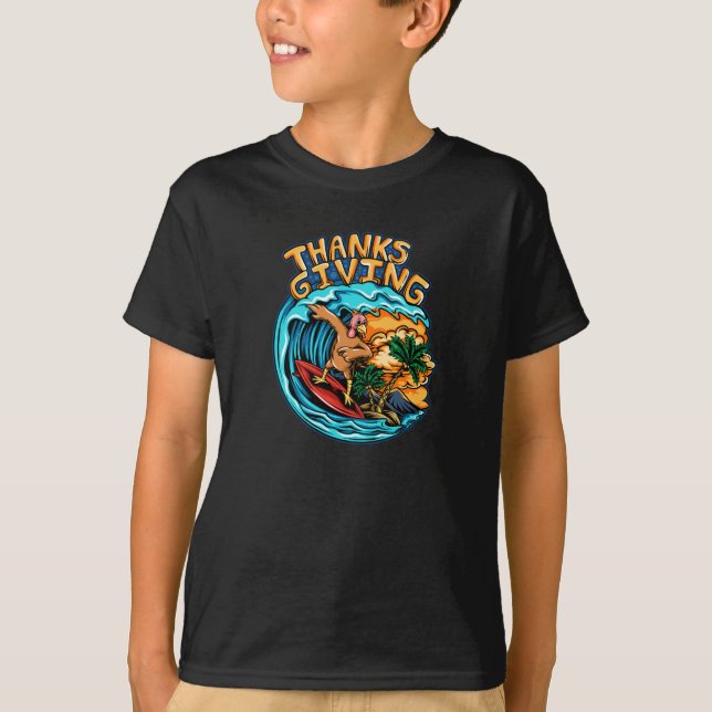 Turkey Riding A Surf Board On The Ocean Waves T-Shirt (Front)
