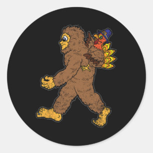Turkey Riding Bigfoot Thanksgiving Day Funny Sasqu Classic Round Sticker