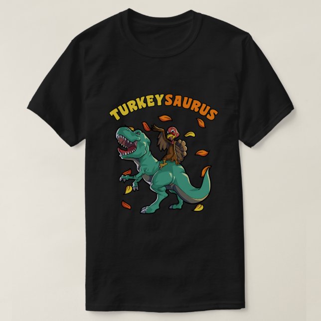 Turkey Riding Dinosaur T rex Thanksgivin Boys Men  T-Shirt (Design Front)
