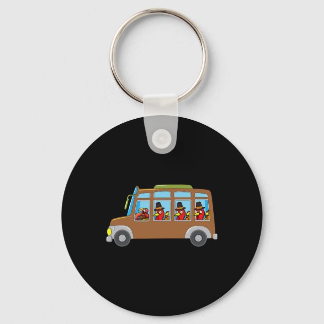 Turkey Riding School Bus Thanksgiving Day Funny Fa Key Ring (Front)