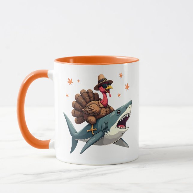 Turkey Riding Shark Funny Thanksgiving  Mug (Left)