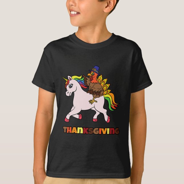 Turkey Riding Unicorn Thanksgiving Day Magical Fal T-Shirt (Front)