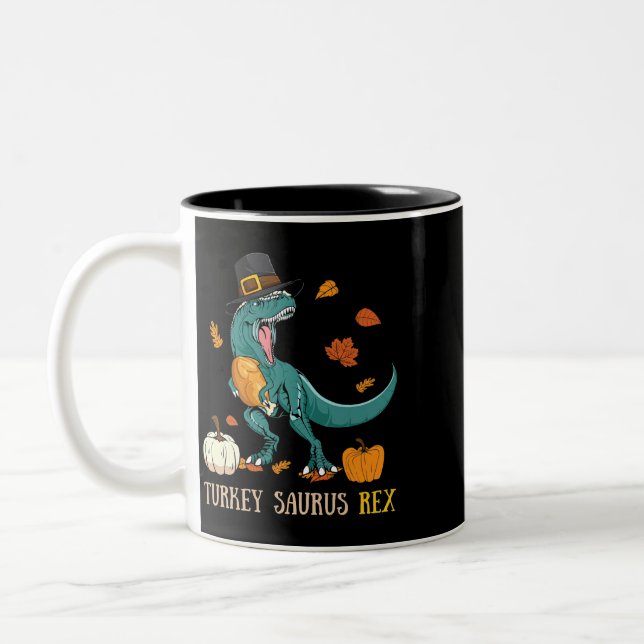 Turkey Saurus Rex Dinosaur Funny Thanksgiving Two-Tone Coffee Mug (Left)