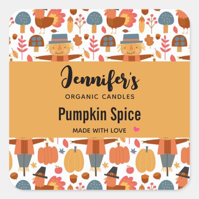 Turkey & Scarecrow Thanksgiving Pattern Candle Square Sticker (Front)