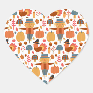 Turkey & Scarecrow Thanksgiving Pattern Heart Sticker