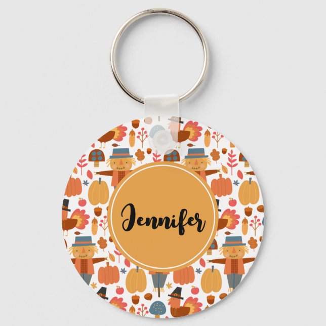 Turkey & Scarecrow Thanksgiving Pattern Key Ring (Front)