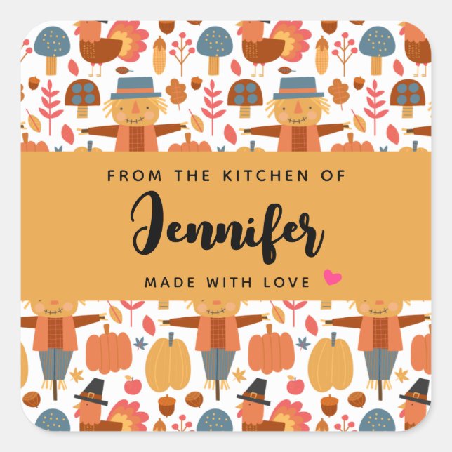 Turkey & Scarecrow Thanksgiving Pattern Kitchen Square Sticker (Front)