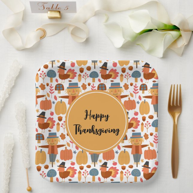 Turkey & Scarecrow Thanksgiving Pattern Paper Plate (Wedding)
