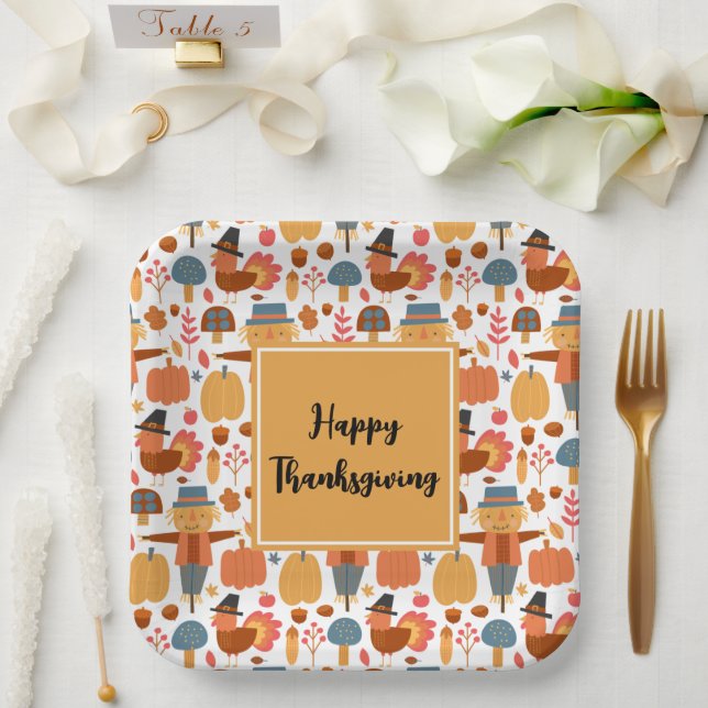 Turkey & Scarecrow Thanksgiving Pattern Paper Plate (Wedding)