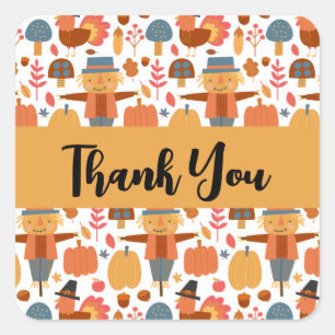 Turkey & Scarecrow Thanksgiving Pattern Thank You Square Sticker