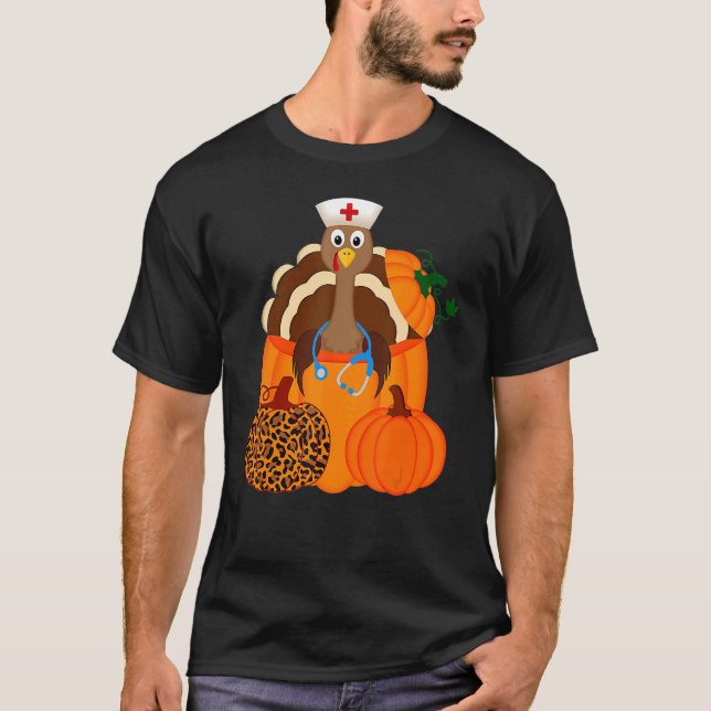 Turkey Stethoscope Nurse Pumpkin Leopard Print Tha T-Shirt (Front)