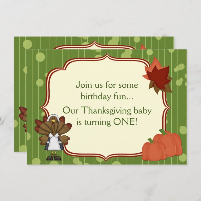 Turkey Thanksgiving 1st Birthday Invite for Girls (Front/Back)