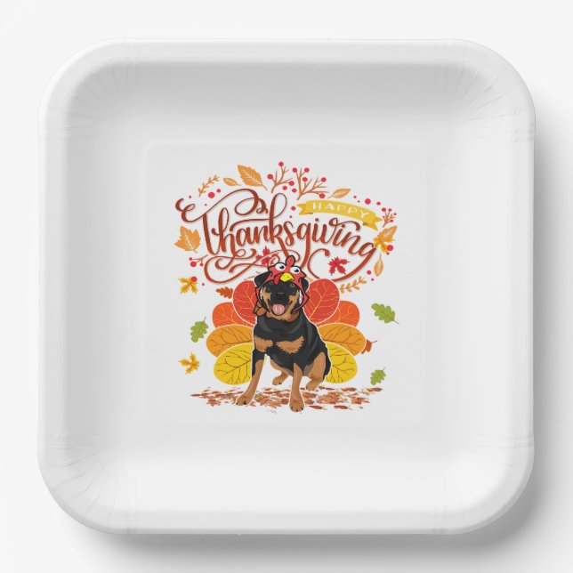 Turkey Thanksgiving Fall Funny Rottweiler Dog Owne Paper Plate (Front)