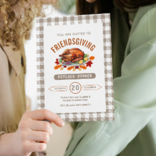 Turkey Thanksgiving Potluck Dinner Fall Gingham  Invitation