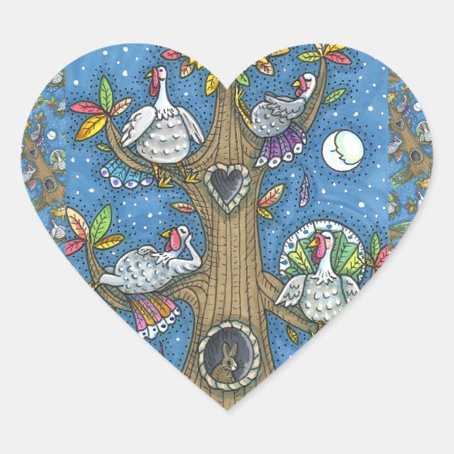 TURKEY TREE, THANKSGIVING FUNNY GOBBLERS ROOSTING HEART STICKER (Front)