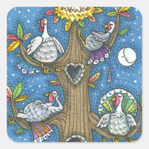 TURKEY TREE, THANKSGIVING FUNNY GOBBLERS ROOSTING SQUARE STICKER
