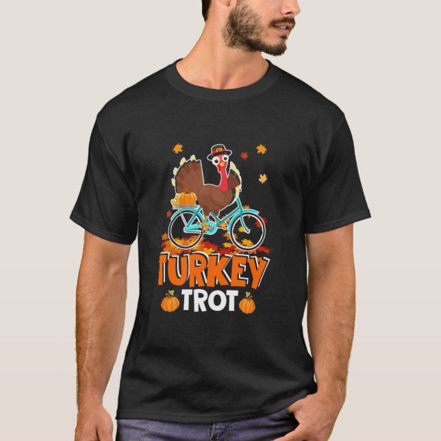 Turkey Trot Funny Turkey Running On Bicycle T-Shirt (Front)