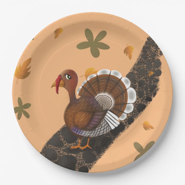 Turkey trotting down stone path with flowers paper plate (Front)