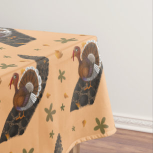 Turkey trotting down stone path with flowers tablecloth