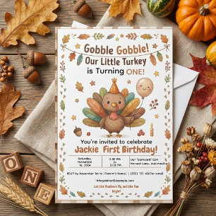 Turkey Turning One Fall Autumn Watercolor Birthday Invitation