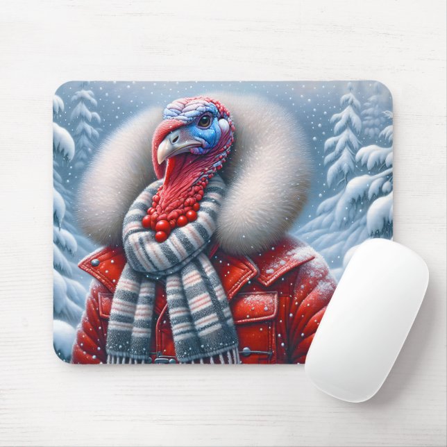 Turkey Wearing A Red Coat Mouse Pad (With Mouse)