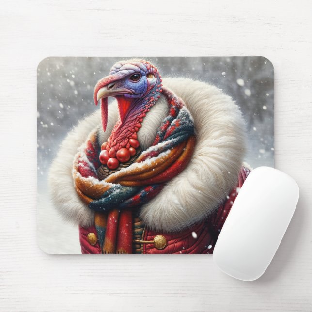 Turkey Wearing a Red Winter Coat Mouse Pad (With Mouse)