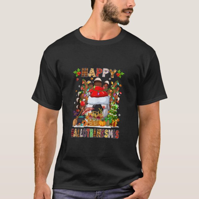 Turkey Witch Soccer Ball Xmas Lights Happy HalloTh T-Shirt (Front)