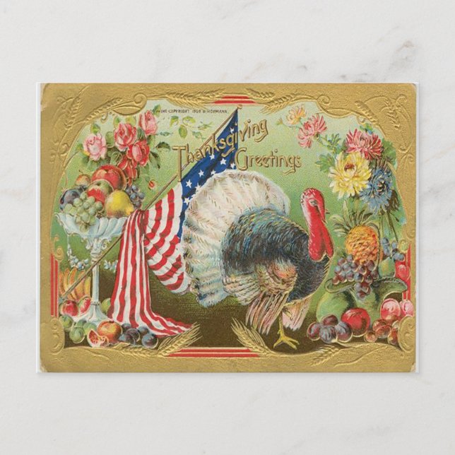 Turkey with Flag - Thanksgiving Greetings Postcard (Front)