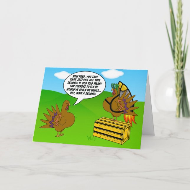 Turkey with Jetpack - Funny Motivational Cartoon Card (Front)
